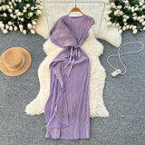 Three-House Folded Dress Design Irregular Lotus Leaves Side To Receive Waist Repair Bright Silk Pressure Folds