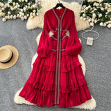 French Elegant Temperament Dress Female Heavy Industry Hot Diamond Lace To Receive Waist Thin Lantern Sleeves Side Dress