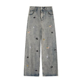Cartoon Puppy Embroidered Fashion Casual Jeans Men's Fashion Spring Couple Straight Trousers Loose Niche Casual Trousers