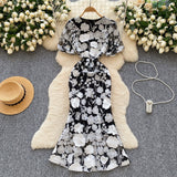 French High-End Elegant Heavy Industry Flower Embroidery Round Collar Lantern Sleeves To Close The Waist Slim Slimmed Fishtail Dress Dress