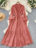 Vintage Fashion Casual Long-Sleeved Shirt Dress Women Loose Tidive With Long Skirt 0515