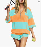 2025 Spring And Summer New Women's Striped Half-Sleeved Oversized Shorts Casual Sportswear Two Sets
