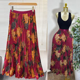 New Tight Waist High Waist Crums Sweet A-Shaped Skirt Women's Long Print 100-Fold Skirt