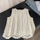 Korean Wearing A Female Summer Sweet Heavy Industry Hollow Embroidered Round Sleeveless Shirt Femininity