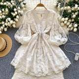 French Sweet Court Style V-Neck Lantern Sleeve Embroidery Collection Thin Single Buckle A Word Elegant Dress Woman