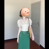 Ultra-Good View Of The Unique Beautiful V-Neck Bubble Sleeve Shirt For Women's Summer New Green Floral Skirt Set