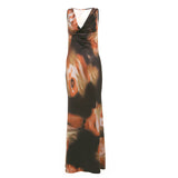 2025 Summer Women's New Retro Temperament Collar Color Print High-Waisted Long Dress