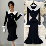 Autumn New Retro Bumpy Dolls To Receive Waist Knitted Dress Female Elastic Temperament Lotus Leafy Dress