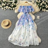 Sexy Holiday Style Shoulder Lotus Leaf Side To Receive Waist Temperament Long Swing Print Chiffon Dress