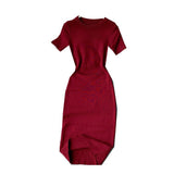 Short-Sleeved Solid-Color Temperament Round-Neck Knitted Tight Skirt Dress Bag Hip One-Step Skirt Dress Mid-Long Model
