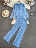Fashion Suit Women's Korean Version Of Loose Knitted Hoodie Two Sets Of Leisure High-Rise Thin Straight Broad Leg Pants
