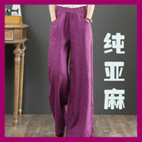 Pure Linen Large-Size Broad Leg Trousers Women's Rope Loose Waist Cotton Spring And Summer Women's Trousers Loose Cotton Thighs Summer