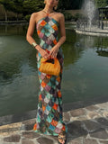 2025 Summer New Women's Print Sleeveless Hanging Neck Dress Fashion Temperament Elegant Sexy Style