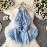 Spring And Summer 2025 New Products Hanging Neck Bare Back Texture Crippling Poneng Dress To Close The Waist Tie Sweet Holiday Wind