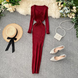 Dress Women's Autumn And Winter 2025 New Korean Version Of Simple Solid Color Long Sleeves Tight Waist Thin Knit Long Dress