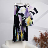Miyaji Fashion Set Women's Summer French High-Grade Folding Print Short-Sleeved Top + Loose A Word 100-Fold Long Skirt