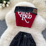 Wearing A Female Summer Dress Sexy Hottie Letter Embroidered Sleeveless Chest Vest High-Waisted Denim Casual Broad Leggings