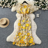 French High-End Elegant Heavy Industry Flower Embroidery Round Collar Lantern Sleeves To Close The Waist Slim Slimmed Fishtail Dress Dress