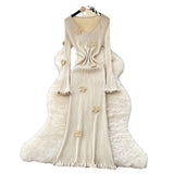 Atmosphere Temperament Three-Dimensional Flowers V-Neck Long-Sleeved Dress Women Slim Thin Inside Sweater Skirt Autumn And Winter New
