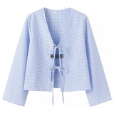 Lattice Temperament V-Neck Women's Clothing New Fashion Pure Color Loose Long-Sleeved T-Shirt Top