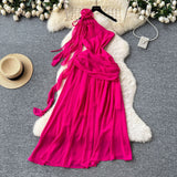 Atmosphere Three-Dimensional Flowers With Slanted Shoulder Dress Women's Folds To Waist Chic Design Irregular Vacation Dress