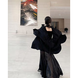 High-End Feel-Dew Back Drawstring Long-Sleeved Sunscreen Shirt Mesh Splicing Sling Long Skirt Two Sets
