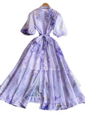 Court-Style Retro-Print Collar Bubble-Sleeved Dress Women's Summer Straps To The Waists To Show A Thin Swollen Dress
