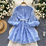 French Sweet Court Style V-Neck Lantern Sleeve Embroidery Collection Thin Single Buckle A Word Elegant Dress Woman