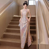 Pink Lysung Dress Dress Dress 2025 New Toaster Light Luxury Niche Conference Host Banquet Evening Dress