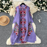 Three-House Folded Dress Women's Autumn 2025 Retro Collar Long Sleeves Loose A-Word Printing Skirt