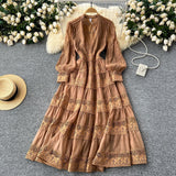 French Retro V-Neck Lace To Receive Waist Long Sleeve Dress Female Thin High Sense Elegant Long Dress