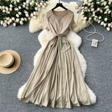 French Summer Senior Round-Neck Short-Sleeved Dress, Tie, Waist Splicing, Elegant Large Hem Length