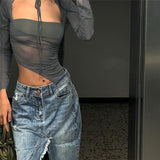 Spring 2025 Fashion Trend Women's New Long-Sleeved Square Necker Repair Exposed Umbilly Mesh Perspective T-Shirt