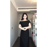 High-Grade Pure Desire Short Sleeves Slanted Shoulder Fork Dress Temperament Slimmed Fashion Temperament Shoulder Long Skirt