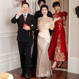 2025 New Temperament Long-Term Cash Waist Fishtail Skirt Wedding Dress Elegant Gold Squine Mother Dress