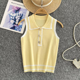 Minimalist Style Striped Knitted Sleeveless Vest Women's Summer Collar Slimming Design Chic Beautiful Little Man Top