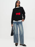 2025 New Women's Knitted Round Collar Loose Top Fashion Cherry Languid Long-Sleeved Sweater
