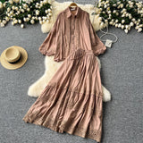 Age-Relay Suit Female Senior Sleeve Lace Splicing Lantern Long-Sleeved Shirt + High Waist Slim Swing Skirt