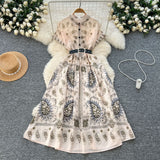 With Belt Dress 2025 Summer To Collect Thin Temperament French Retro Short-Sleeved Print Dress