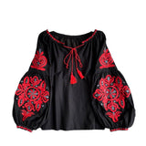 Ins Travel To Shoot Retro National Wind Embroidery With Tuxedo V-Neck Lantern Sleeve Top Lady 0515