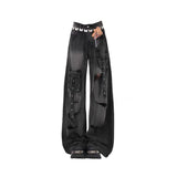 Black Multi-Pocket-Hole-Wear Jeans Women's Summer 2025 New High-Waist Design Wide-Legged Pants