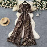 Summer Dress Holiday Wear Chic Light Leisure V Collar Short Sleeves Tight Waist High Waist Thin Leg Print Jump Trousers