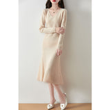 V-Necked Cashmeat Dress Women's Autumn And Winter New Set Long Sleeves Leisure Long A Dress Wool Knitted Long Dress