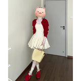 Korean Gentle Temperament Red Knitted Shirt Coat Wave Dot Square Tie Dress Women's Spring And Summer New Set