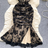 Dinner Dress Female High-End Banquet Party Dress To Collect The Waist Thin Velvet Print Folded Open Pouse Long Dress