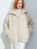 2025 Women's Autumn And Winter Fashion Colliding Splicing Lead Resin Zipper To Keep Warm Imitation Lamb Jacket