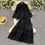 Age-Relay Suit Female Senior Sleeve Lace Splicing Lantern Long-Sleeved Shirt + High Waist Slim Swing Skirt