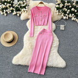 Small Fragrant High-Sense Metal Buckle Repair Short Long-Sleeved Knitting Top Female High-Waisted Hip Skirt Two
