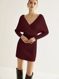 2025 New Women's Fashion Temperament Cross V-Neck Bat Pack Hip Knitted Dress