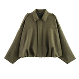 2025 Spring New Women's Fashion Army Green Velvet Effect Short Long Sleeve Epaulets Coat